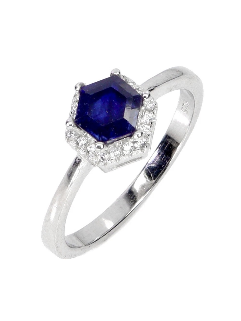 Stunning Genuine Blue Sapphire Hexagon Halo 925 Sterling Silver Ring Size 7